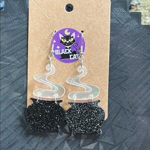 Handmade Glittery Black Witches Cauldron Earrings Spooky Cute Halloween Fall NWT